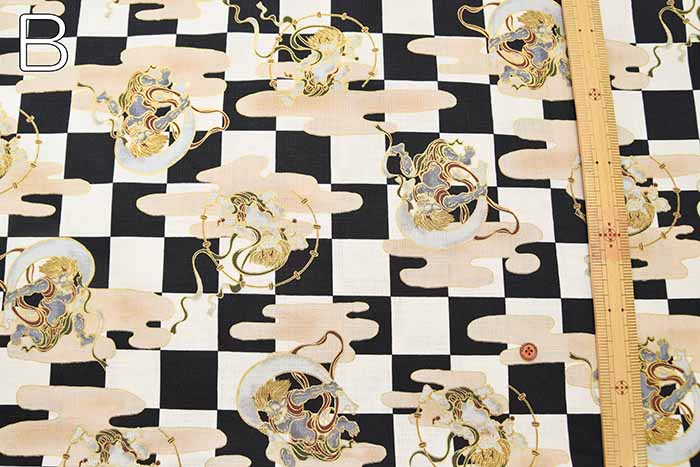 Cotton Dobby Printed Fabric - Japanese Pattern, Checkered, Wind God Thunder God - Image 3