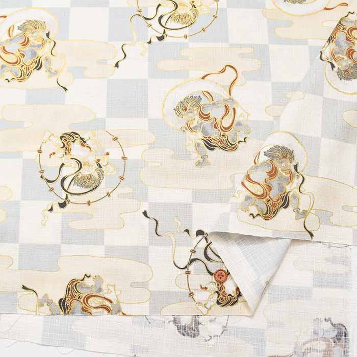 Cotton Dobby Printed Fabric - Japanese Pattern, Checkered, Wind God Thunder God - Image 6