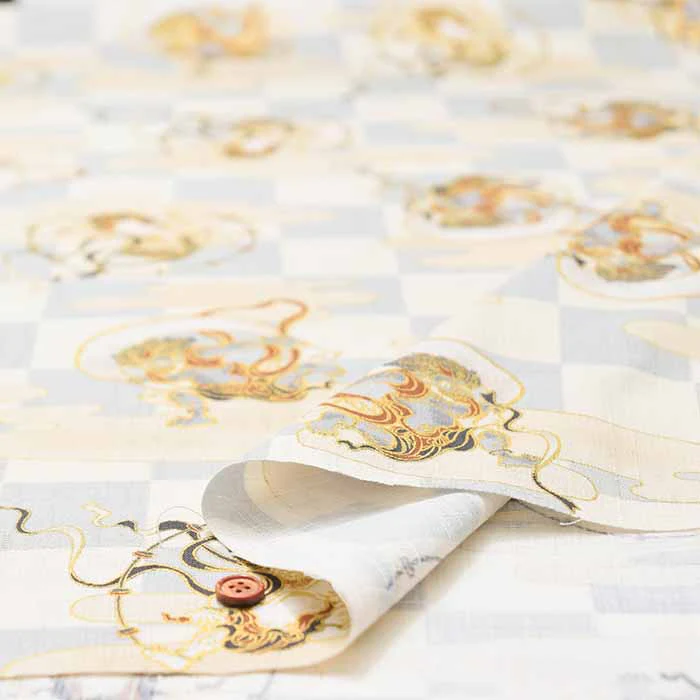 Cotton Dobby Printed Fabric - Japanese Pattern, Checkered, Wind God Thunder God - Image 8